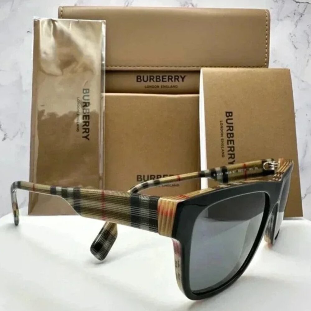 Burberry Sunglasses Black Square Classic Check Arms Brown Red White Authentic
